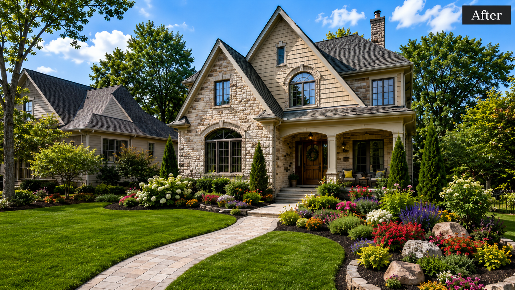 The same stone house after landscaping, with a lush green lawn, curved paver walkway, and layered flower beds
