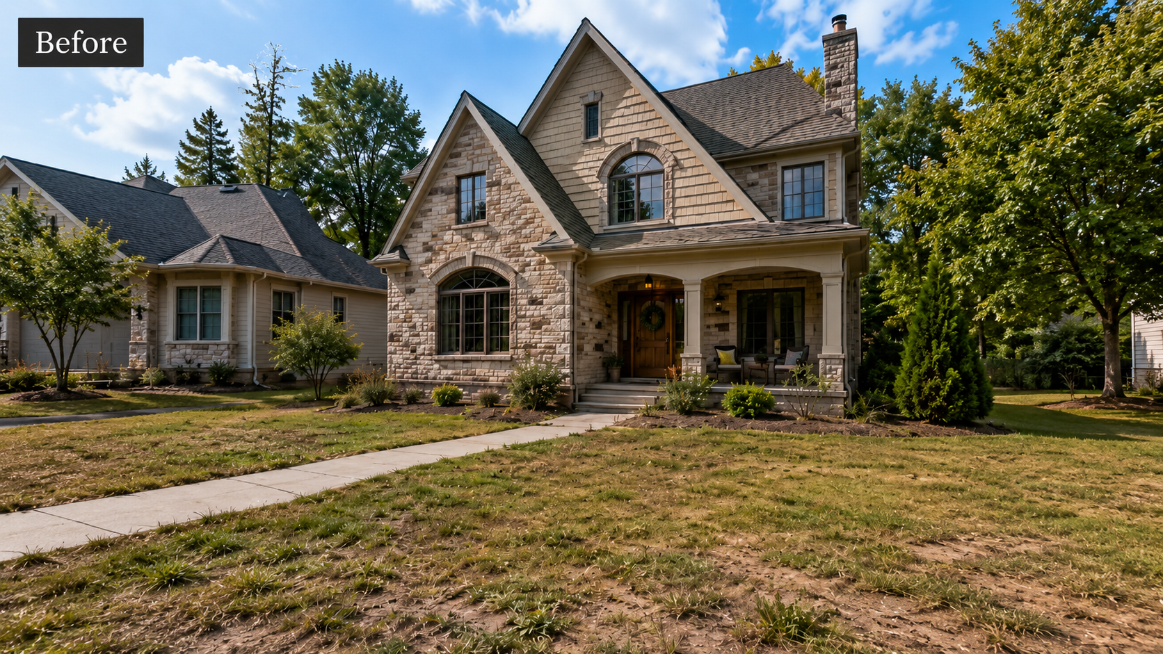 Stone house with a patchy, dried-out front lawn and sparse plantings before landscaping
